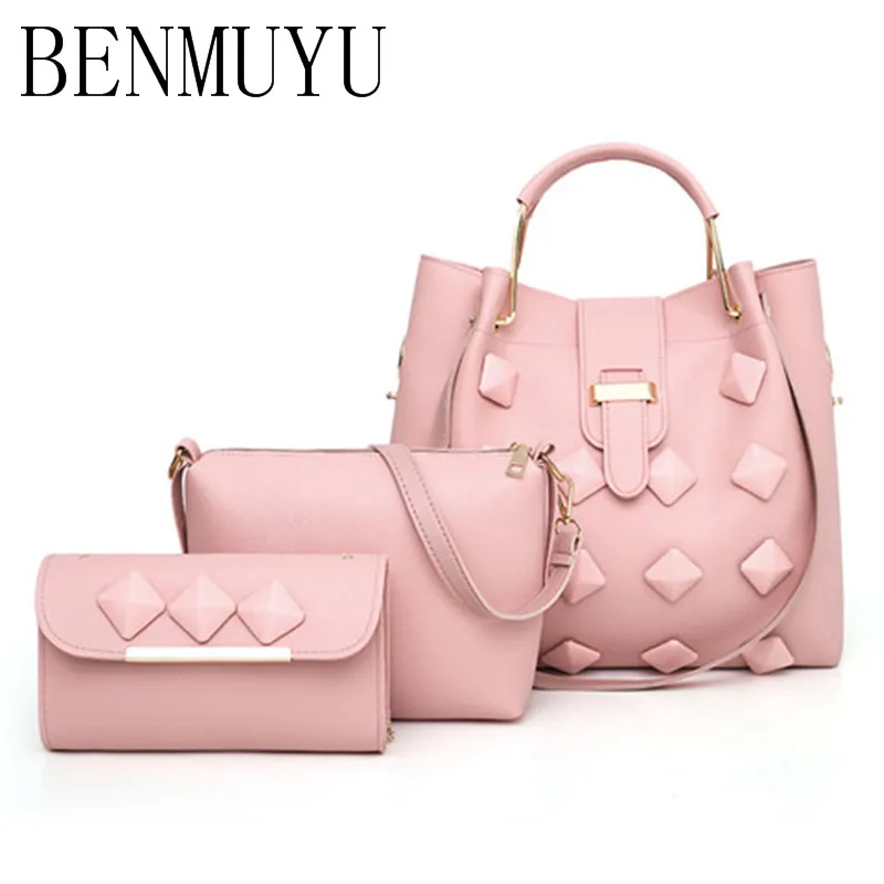 

BENMUYU,leather handbags, 3 Pcs,women's bags,New 2018 female bag rivet lychee printed handbag with elegant shoulder bags