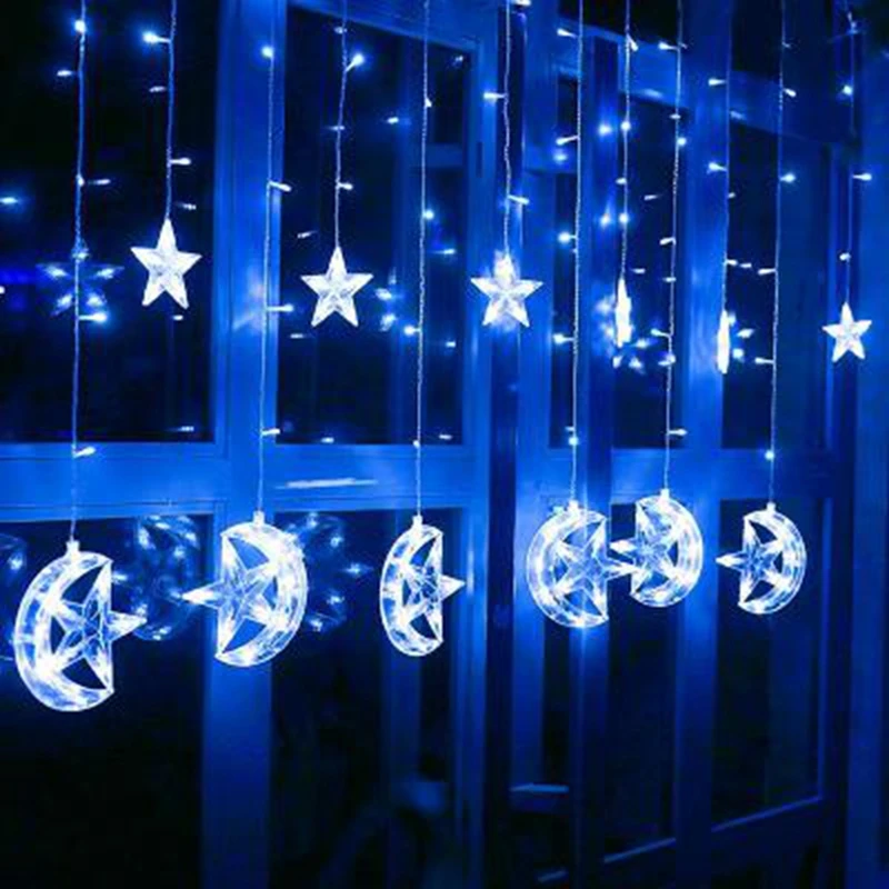 220V Star Moon LED Curtain String Lights Christmas lights indoor for Bedroom lamp Holiday party Romantic Fairy Lights Decoration 220V Star Moon LED Curtain String Lights Christmas lights indoor for Bedroom lamp Holiday party Romantic Fairy Lights Decoration