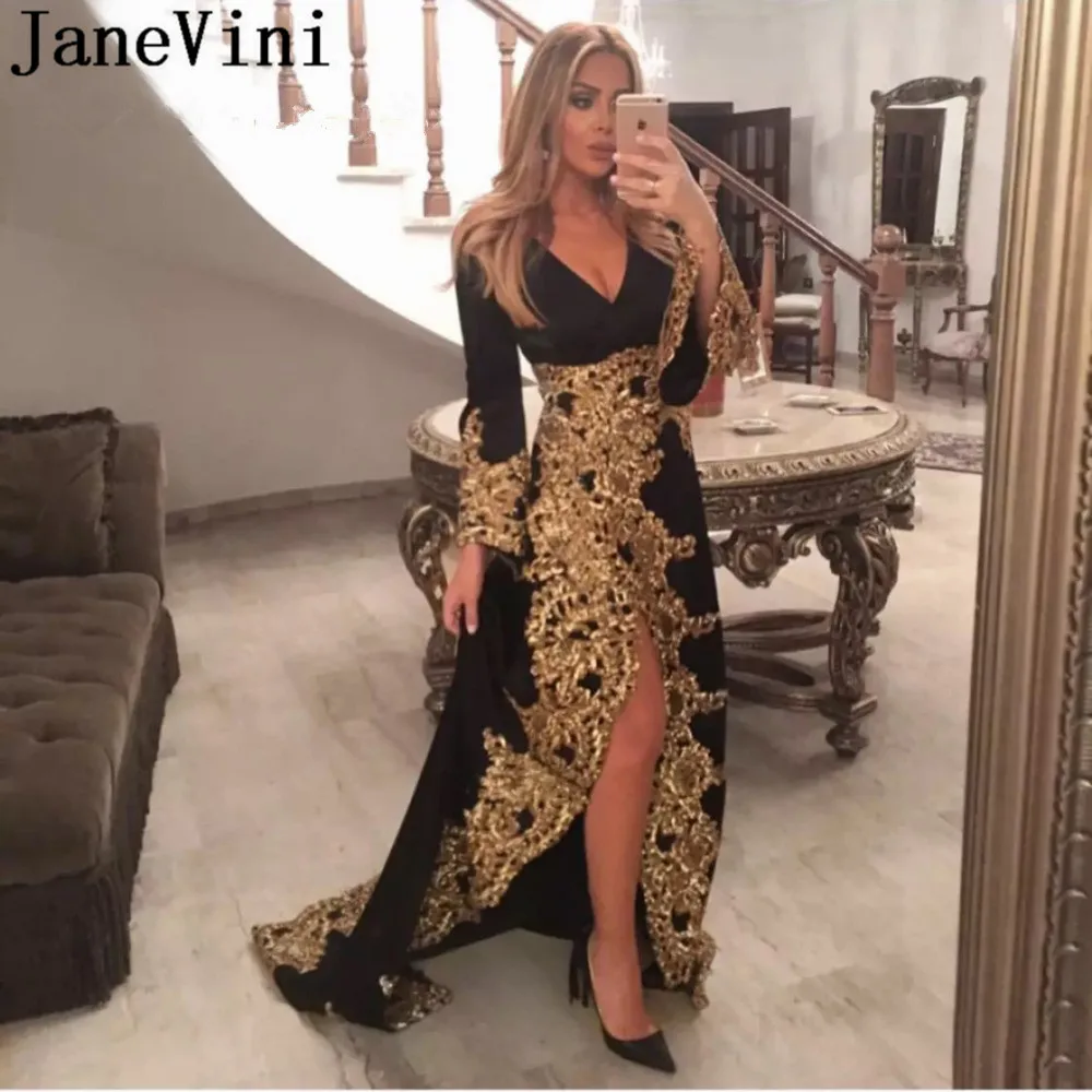 JaneVini Золотые Аппликации Дамы длинные арабские вечерние платья носить с длинным рукавом черное вечернее платье Мать невесты платья