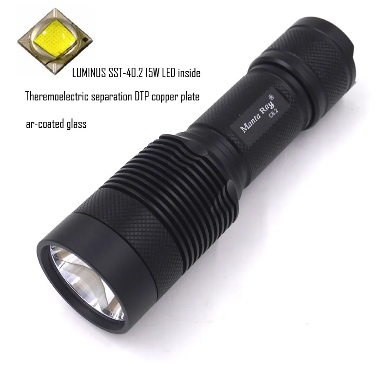 

Black Manta Ray C8.2 flashlight with Luminus SST-40.2 15W LED,copper DTP board and ar-coated glass inside,7A max output driver