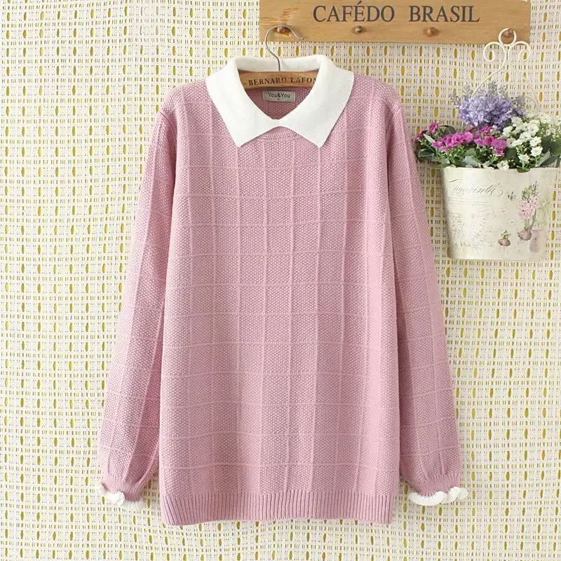 

Plus size Autumn women pullovers plaid sweater 2018 Knitted black & gray & pink Long sleeves turn-down collar ladies pull femme