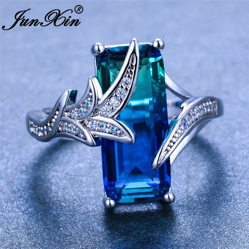 JUNXIN градиентные цвета зеленый синий кристалл хвост русалки кольца для женщин 925 серебряный цвет большой прямоугольник камень Обручальное кольцо ювелирные изделия