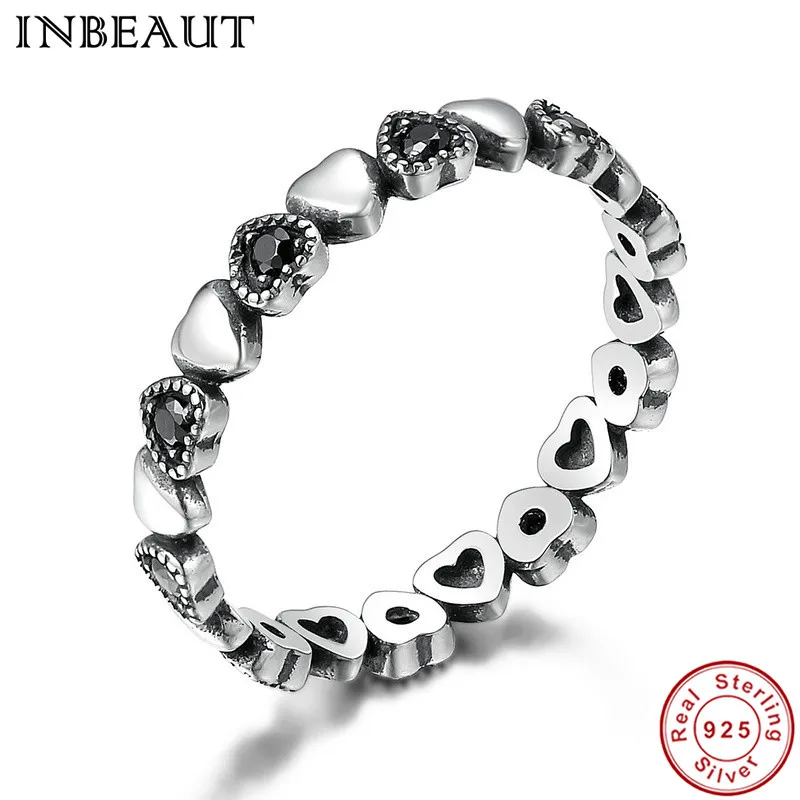 

INBEAUT 2018 New Fine 925 Sterling Silver Black Heart Shaped Cubic Zirconia Stackable Engagement Ring Female Elegant Jewelry