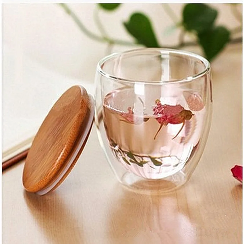 

1pcs Heat-resistant clear glass double wall coffee cups Tea wine Mugs With bamboo Lid fruit juice vodka Whisky shot glass