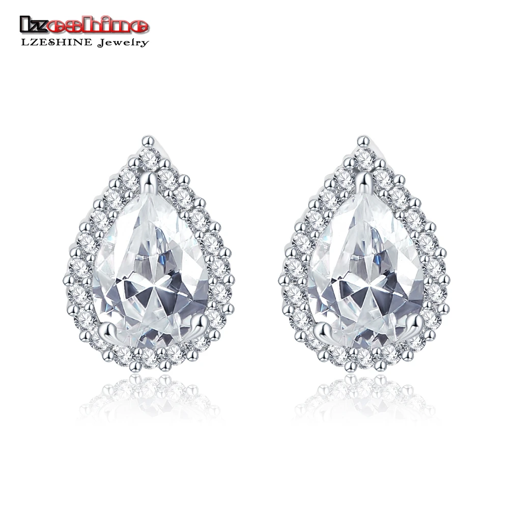 

LZESHINE Trendy Pear Shape Stud Earrings with Cubic Zirconia Fashion Elegant Silver Color Wedding Jewelry for Women CER0137-B