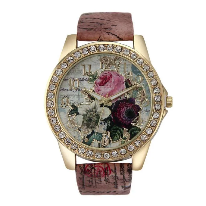 

Splendid Fashion Rose Pattern Leather Band Analog Quartz Vogue Wristwatches