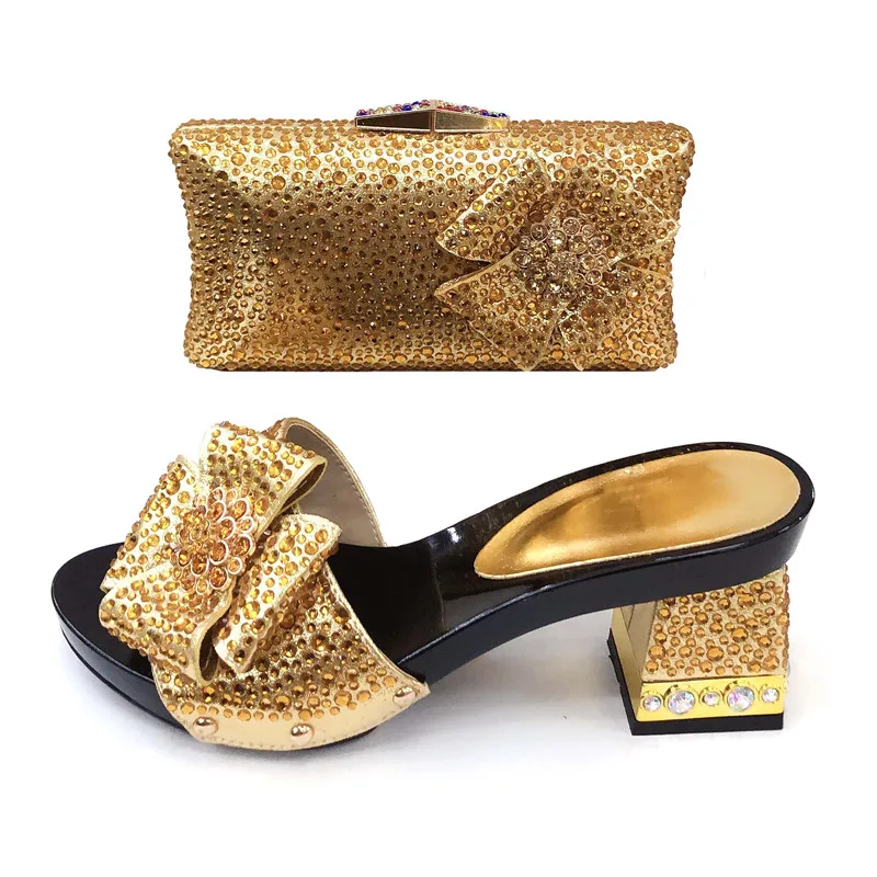 

Gold shinning italian shoes and bag set low heel 3 inches and size 37 to 43 handmade high quality shoes and bag set SB8355-3