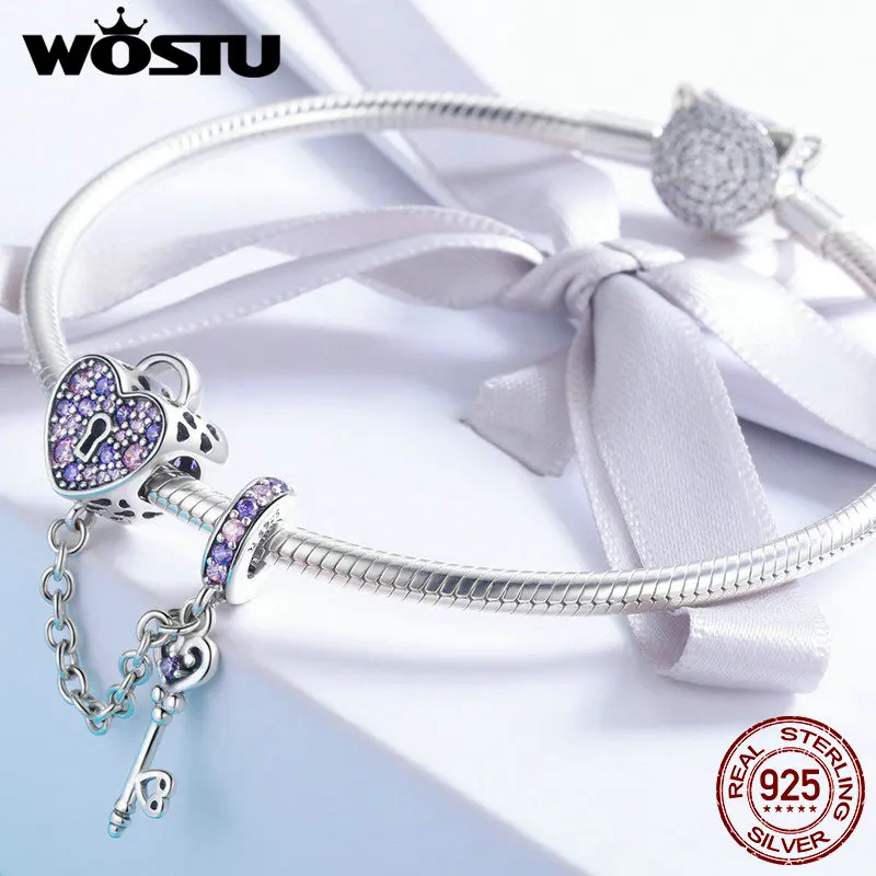 Günstige WOSTU 925 Sterling Silber Schlüssel der Herz Schloss Kristall CZ Kette Perlen Charms fit Armband   Armreif Frauen Mode Schmuck CQC772