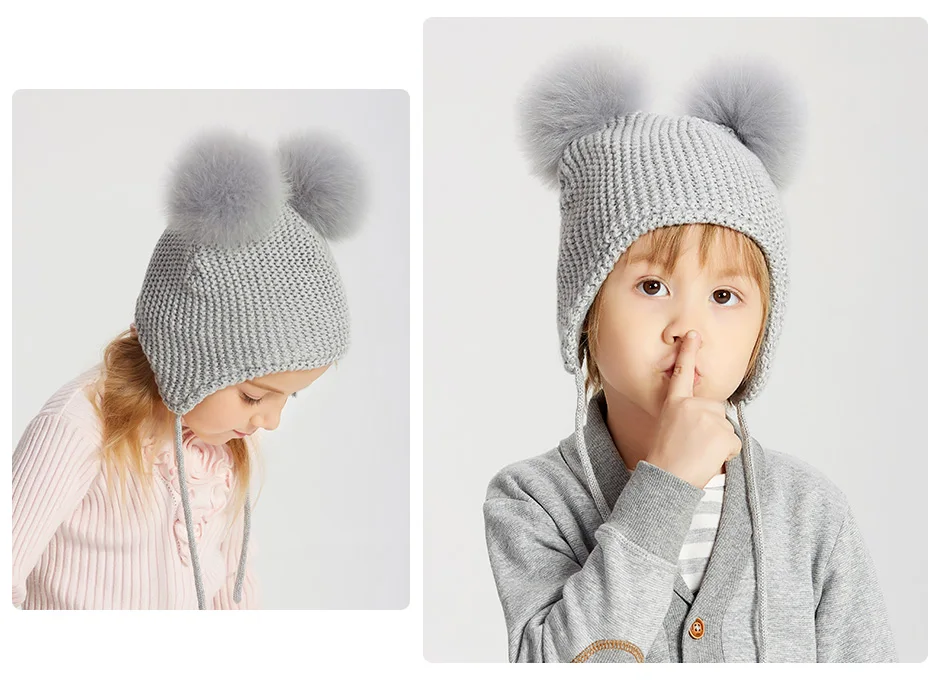 ENJOYFUR/зимние детские шапки для мальчиков и девочек с лисьим мехом, шапки с помпоном для малышей, теплая подкладка, уши, защита, детская шапка, шапочки