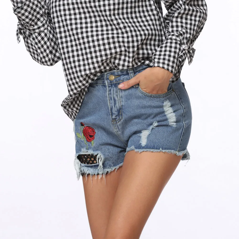 Women Jean Shorts Floral Rose Embroidery Grids Ripped Denim Shorts