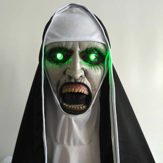 Монахини маска страшная маска с страшный голос с Led светильник Косплэй Valak латексные маски с платок на голову Шлем Хэллоуин вечерние реквизит