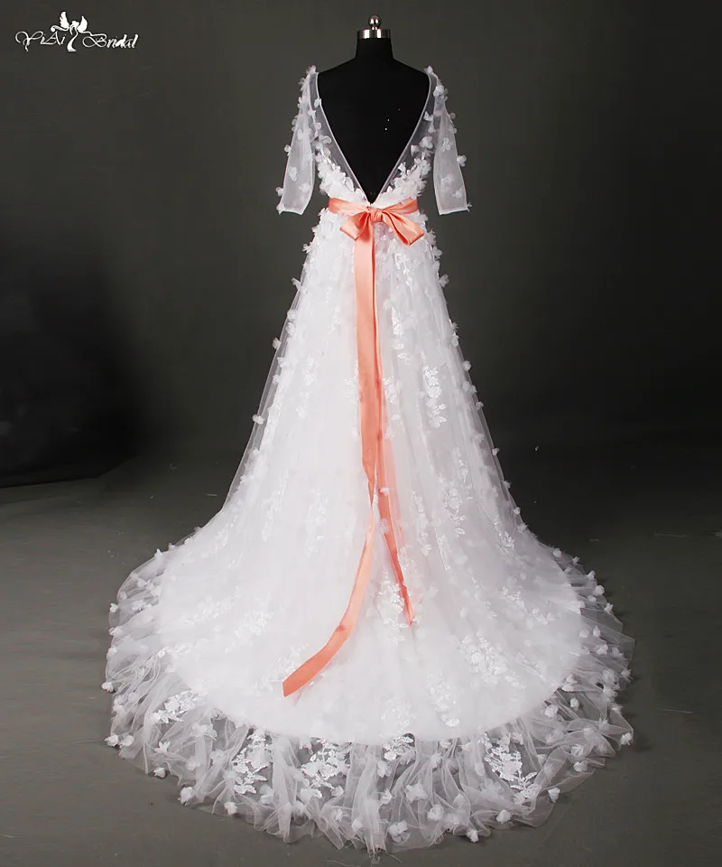 RSW896 белое Тюлевое свадебное платье с лепестками и персиковым поясом