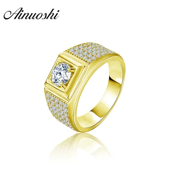 

AINUOSHI 14K Solid Yellow Gold Men Ring Rows Drill Round Cut Ring Engagement Wedding Jewelry Pave Setting Stones Wide Band Ring