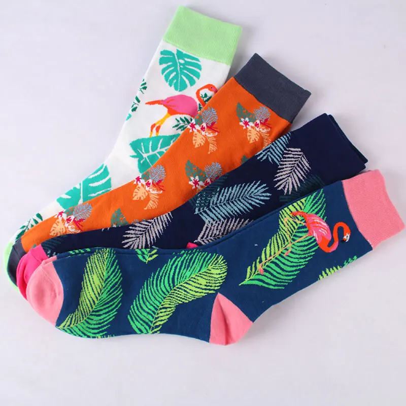 Бренд Moda Socmark, уличные стильные мужские носки, хлопковые носки с принтом фламинго, разноцветные забавные носки радужной расцветки, мужские носки с сорняками