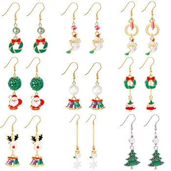 

9 Style Christmas Candy Snowman Snowflake Bell Elk Milu Deer Earrings Lady Earbob Festival Jewelry For Women 12 pair