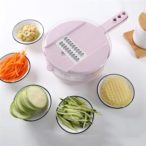 9 pcs /Set Kitchen Cutter Fruit Vegetable Slicer Potato Carrot Grater Garlic Chopper Mandoline Cutter with Noodle Drain Basket - Цвет: pink