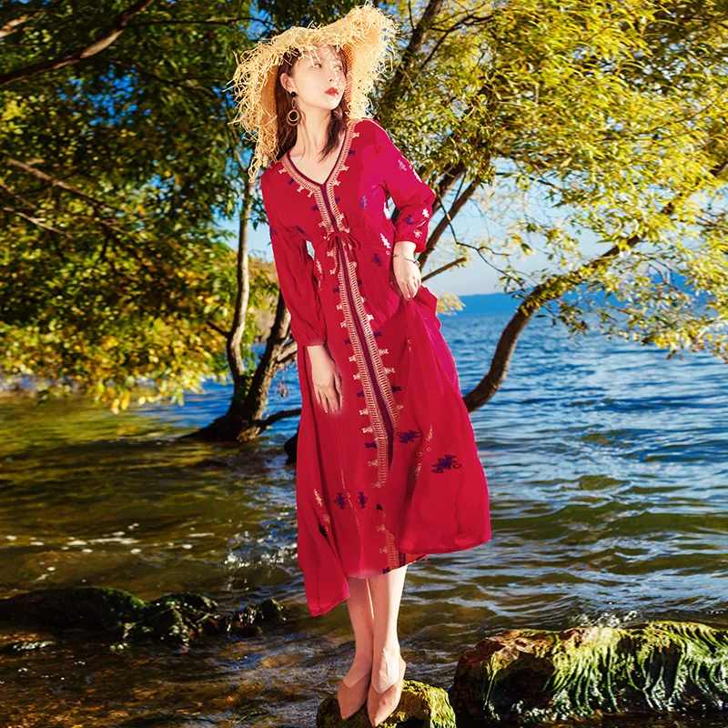 

Women Retro Embroidery Long Boho Red Vacation Dress Cotton Beach Elegant Fairy White Dress Female Linen Vintage Ethnic Dress New