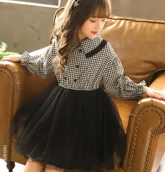 

4-11Y girls spring dress 2019 girls fashion new plaid tulle long sleeve princess tutu dress children party dress kids clothes