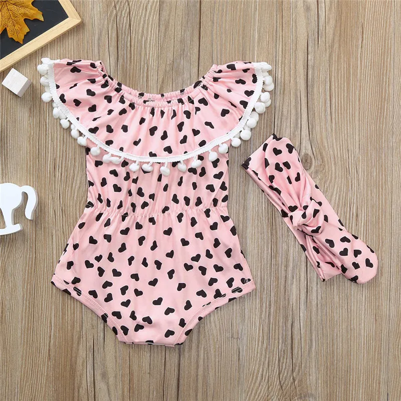 Girls suit summer 2019 new   2Pcs Baby Girls Infant Heart Tassel Jumpsuit Romper+Headband Set Clothes  (10)