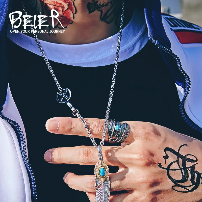 Beier open adjustable Feather natural Green stone ring For boy or girl Stainless Steel Retro Style turquois Jewerly BR8-374