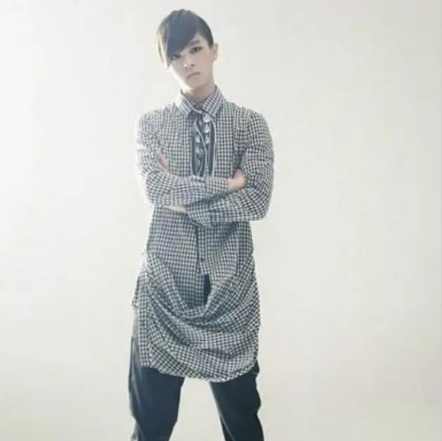 

S-XXXL ! 2016 Men's Korean character processing lattice shirt hem offbeat long sleeved shirt plus size singer costumes clothing