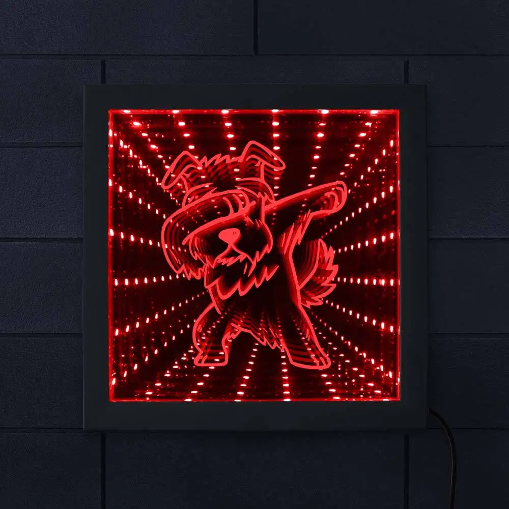 

Dabbing Schnauzer Infinity Mirror Lighting 3D Optical illusion Wall Light DAB Dog Animal Glowing Tunnel Vision Wood Frame Light