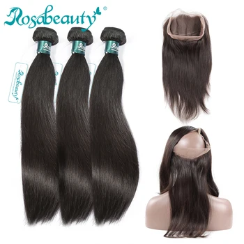 

Rosabeauty Straight Hair Pre plucked 360 Frontal With Bundles Remy Human Hair 3 Bundles With Frontal Closure Bleached Knots