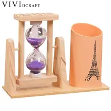 Vividcraft Creative Timer Wood Pen Holder Office Desk Accessories with Hourglass Scrub Pencil Holder for Desk Pen Stand For Gift