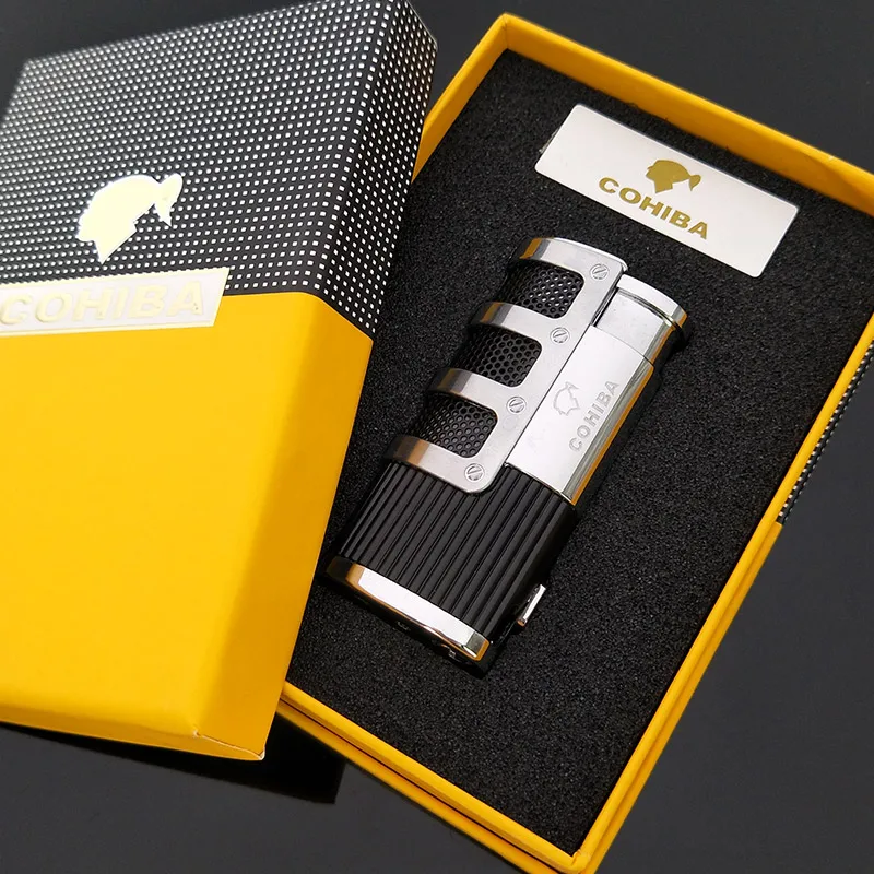 

COHIBA Gridding Stripes Style Turbo Cigar Cigarette Lighter Windproof Triple Torch Jet Flame Lighter Pocket Butane Gas