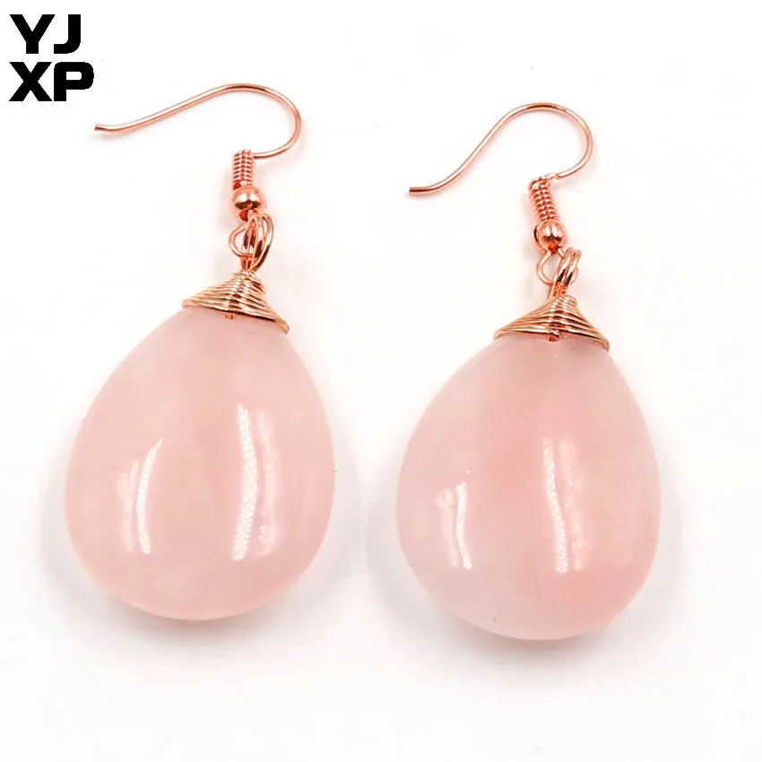 

YJXP Light Yellow Gold Color Water Drop Natural Rose Pink Quartz Dangle Earrings For Women Jewelry