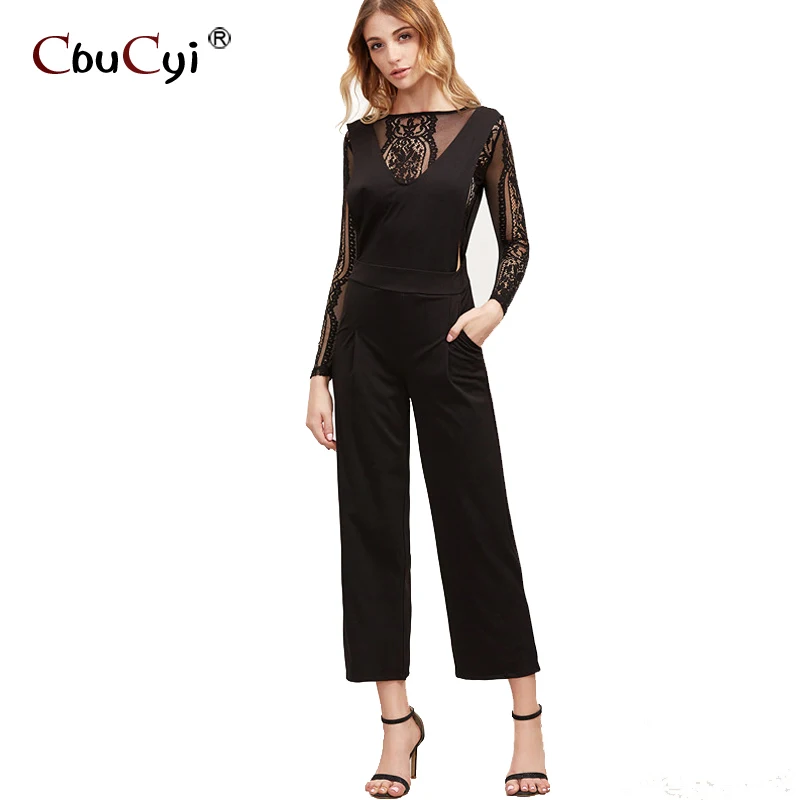 Lace round neck Sexy black Jumpsuits body suits for women elegant harem ...