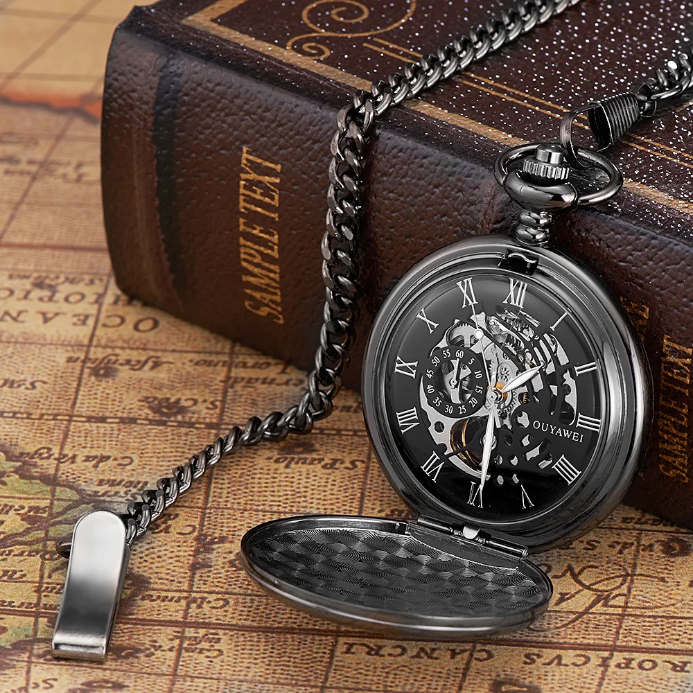 OUYAWEI Antique Steampunk Hand Winding Black Fob Pocket Watch Men Vintage Skeleton Hand Wind Mechanical Pocket Watches for gift