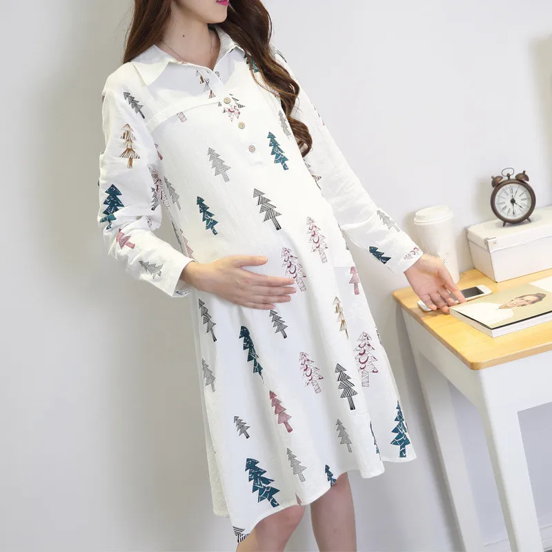 

Maternity Dresses For Pregnant Women Autumn/Winter Clothes Korean Print Full Dress Basic Primer Skirt Pregnancy Vestido Clothing