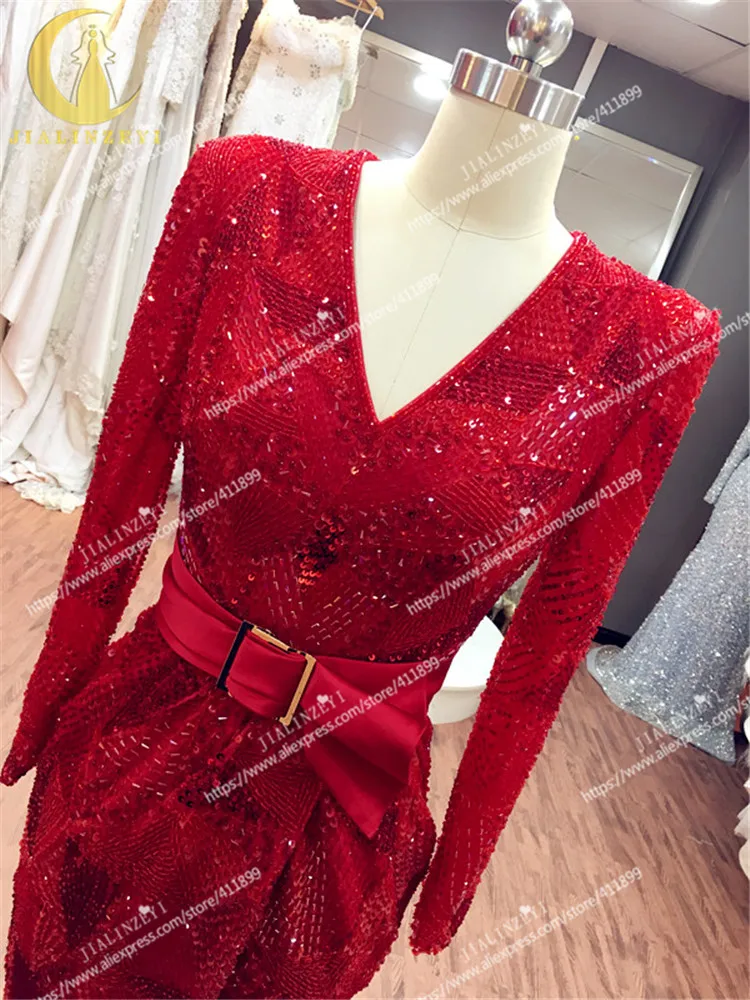 JIALINZEYI Реальные образцы длинные рукава, красное, полный бисер Кристалл спереди Короткие Длинные сзади на заказ халат De soiree вечерние платья