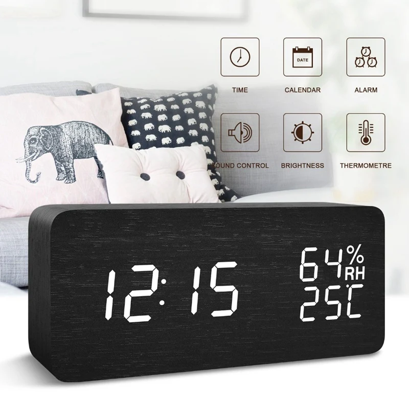 Modern Led Alarm Clock Temperature Humidity Electronic Desktop Digital Table Clocks,Black+ white subtitles