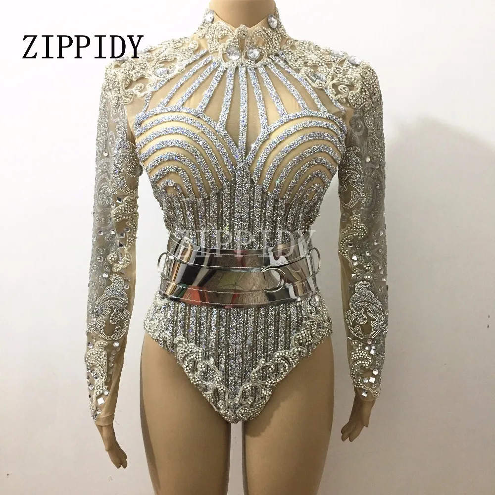 

Silver Glisten Rhinestones Long Sleeves Leotard Belt Outfit Dj Singer Performance Bar Party Celebrate Luxurious Costume Bodysuit