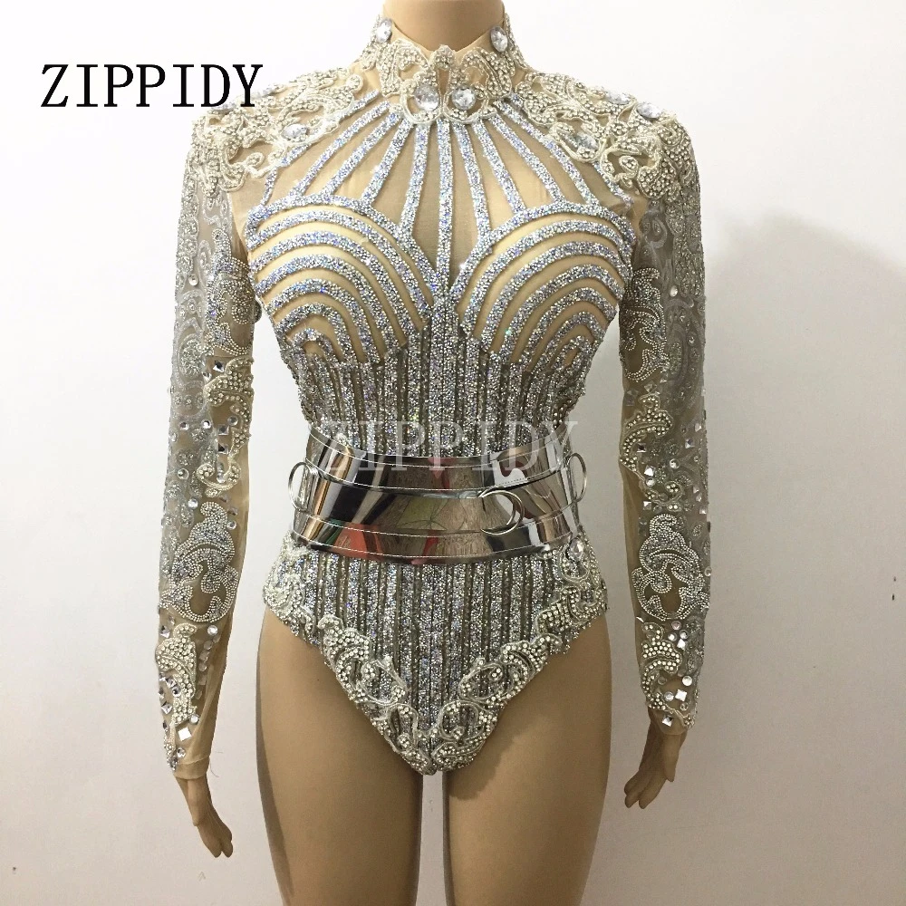 bodysuit women Silver Glisten Rhinestones Long Sleeves Leotard Belt Outfit Dj Singer Performance Bar Party Celebrate Luxurious Costume Bodysuit white bodysuit