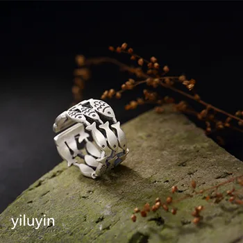 

KJJEAXCMY boutique jewelryar S990 silver, Korean Edition, hollow, antique, small fish rings, personalized silver, open and explo