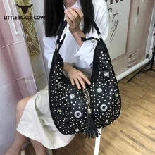 Большая вместительная женская сумка для покупок из искусственной кожи, сумки на плечо с заклепками и бриллиантами, повседневные сумки с цепочками и кисточками