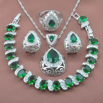 

Unusual Green Crystal Jewelry Sets Silver Color Women's Wedding Zirconia Bracelet Necklace Pendant Earrings Ring YZ0213