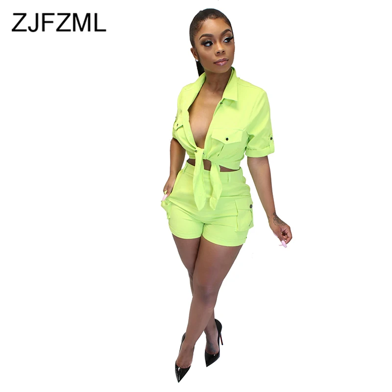 

Neon Green Denim Two Piece Set Tracksuit Summer Clothes For Women Turn Down Collar Short Sleeve Crop Top+Biker Short Sweatsuit