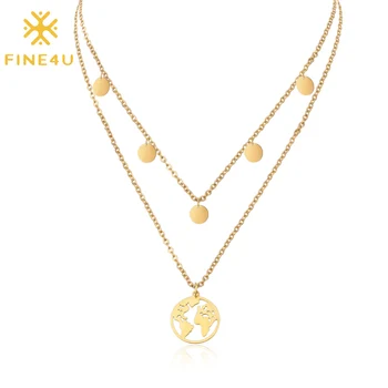 

FINE4U N223 Trendy Travel Jewelry Tiny Coins Choker Necklace Double Layer Stainless Steel Coin World Map Pendants Necklaces