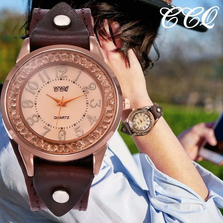 

Women Genuine Leather Rhinestone Watch Ladies Vintage Wristwatches CCQ Brand Relogio Feminino Dropshipping Clock