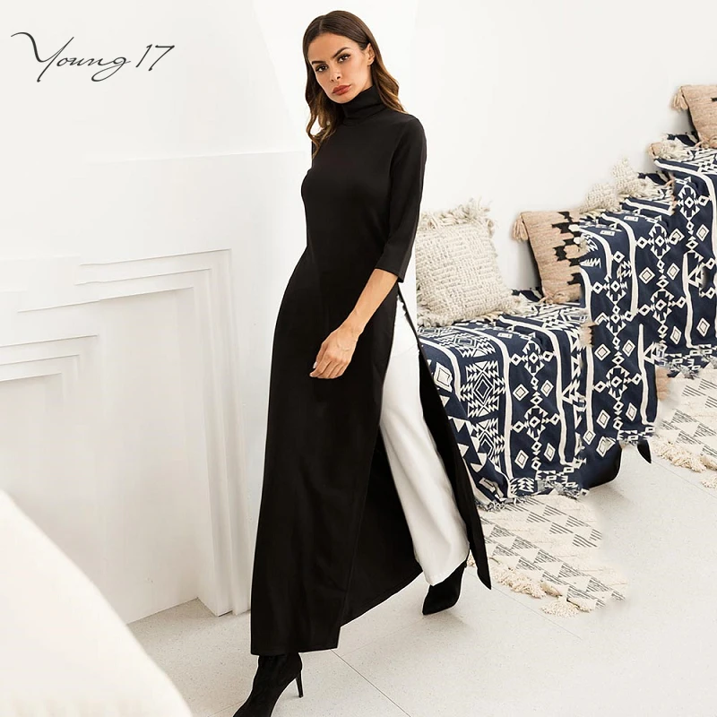 

Women Plus Size Asymmetrical Black Maxi Dress Ladies Pullover Knitted Fall Autumn Turtleneck Muslim High Split Long Dresses
