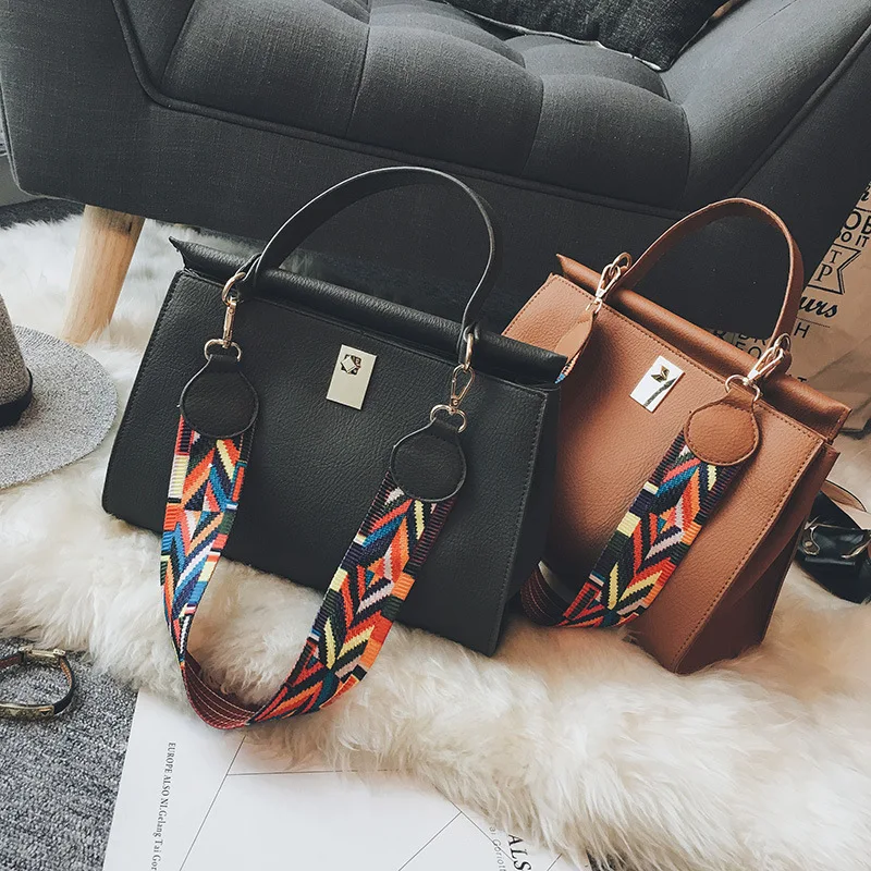 Women's High Quality Pu Leather Colorful Strap Shoulder Bag Handbag