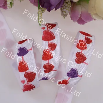 

New Valentine's hearts printed foe elastic for headband hair tie making, 100 yards/roll fold over elastic