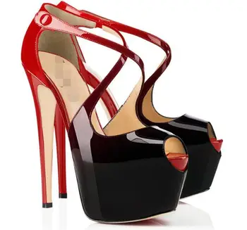 

hot sale woman patent leather fading style cross strap peep toe high platform pumps black nude silver color custom make big size