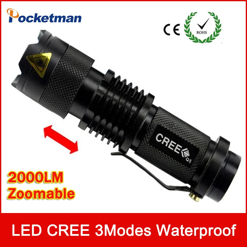 Ultra Bright Top Quality Mini CREE Q5 LED Flashlight 3 Modes 2000 Lumens Zoomable Waterproof Adjustable LED Torch Free Shipping