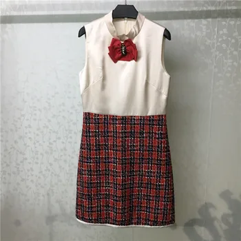 

casual women dress 2019 autumn patchwork tweed dresses with bow tie sleeveless female dress