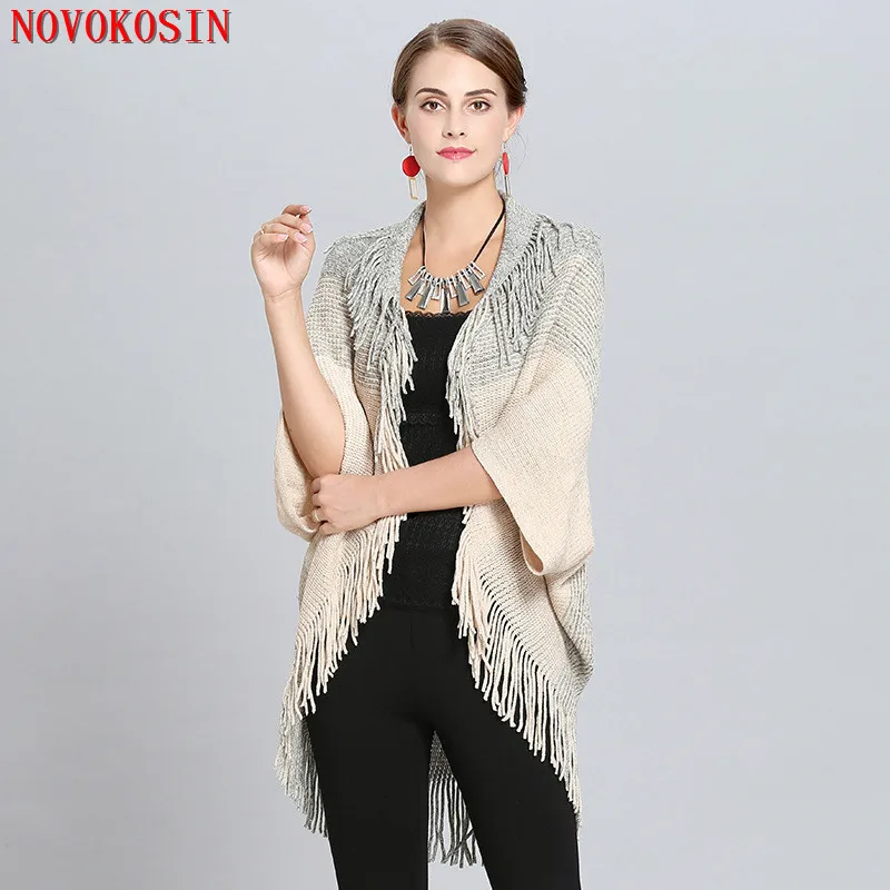 SC230 2018 Oversize Cape Winter Knitted Loose Striped Poncho Women Cardigans Female Short Sleeves Vintage Tassel Long Sweater